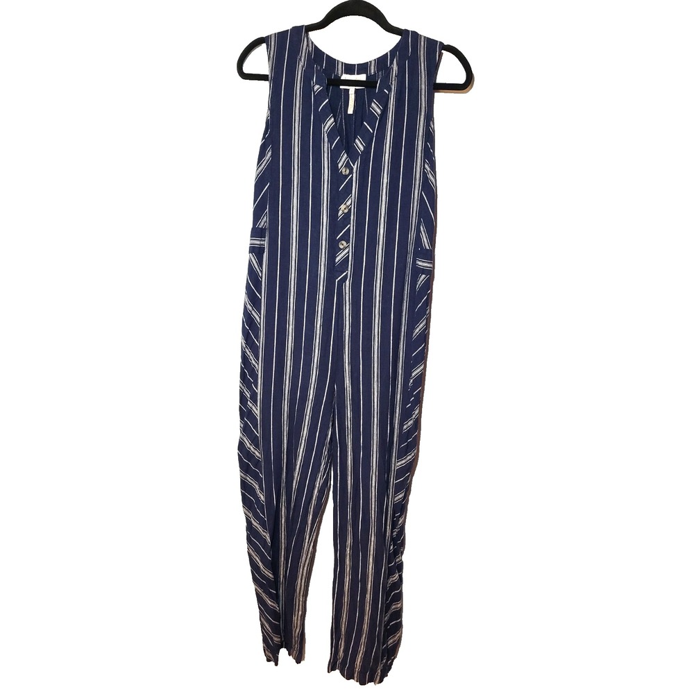 Laundry Blue‎ White Stripe Wide Leg Button Front Jumpsuit Linen Blend Size 6